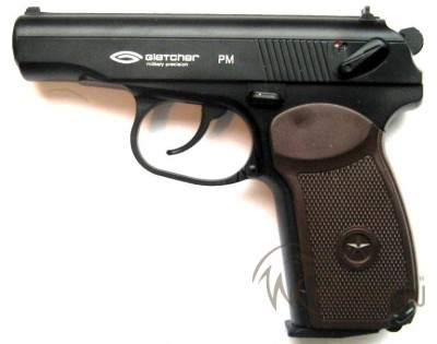 Пистолет пневматический Gletcher PM 
Тип	Air Gun
Калибр (мм/дюймы)	4.5/.177
Дульная энергия (дж)	3.0
Прицельная дальность (м)	10
Начальная скорость пули (м/с)	120
Емкость магазина (шт)	18
