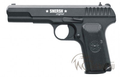Пневматический пистолет ТТ Smersh H51  Калибр, мм: 4,5 мм/.177Скорость выстрела, м/с: 115 м/сЕмкость магазина: 17Вес (кг): 0,7 кгРазмер: длина: 200 ммМощность: до 3 ДжПроизводитель: Тайвань