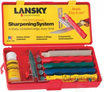 Lansky Professional Sharpening System Комплектация:
База-струбцина.
Смазочное масло для точильных камней.
Направляющая шпилька.
Запасной прижимной винт - 2 шт5 абразивов (брусков) из прессованной крошки натурального камня: